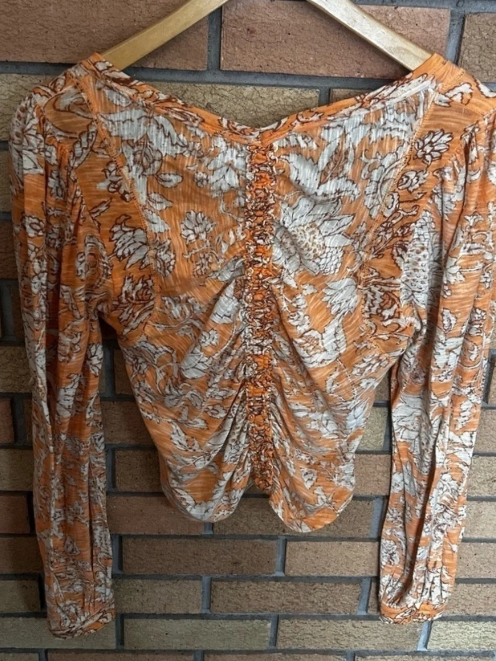 Free People Floral SAY THE WORD Boho Light Orange Floral Ruched Long Sleeve Top